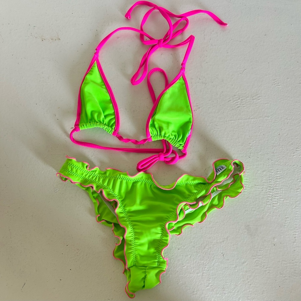 Neon Green and Pink String Bikini Rouched Bikini Bottom